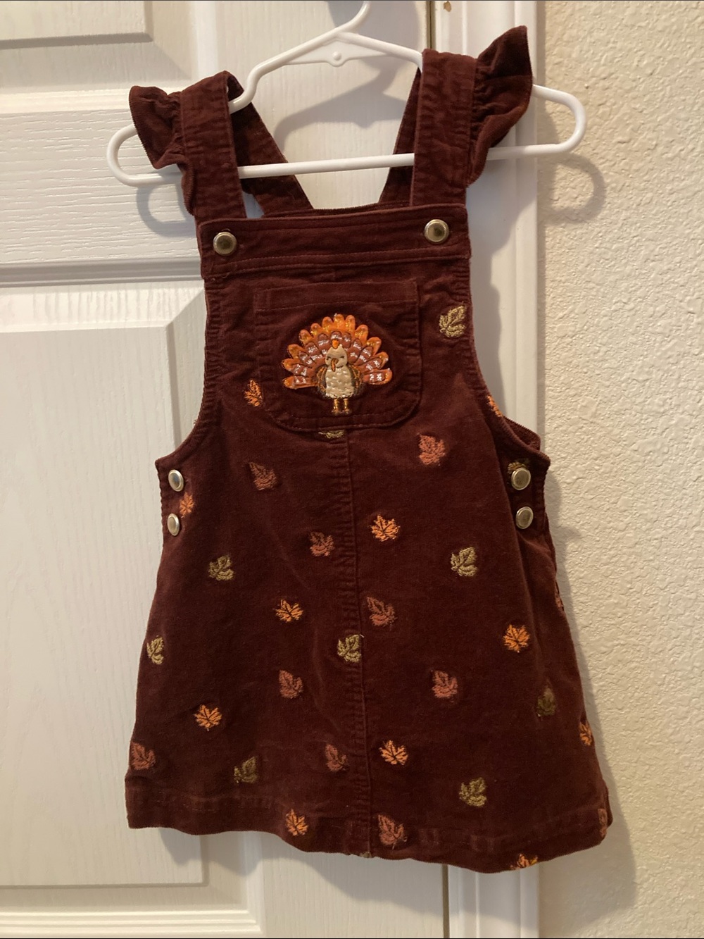 98% Cotton, Corduroy Overall Thanksgiving Dress with Autumn Embroidery
